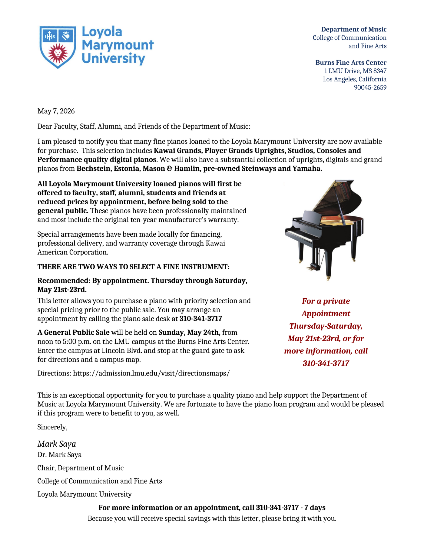 Official Loyola Marymount University Piano Sale Letter from the LMU Music Department, announcing the May 21-24 piano sale at Burns Fine Arts Center on the LMU campus in Los Angeles.